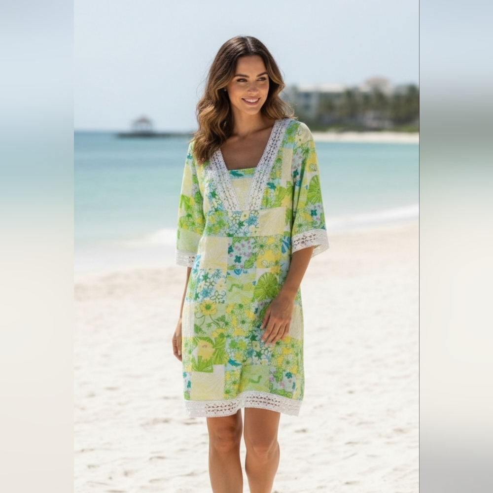 NWT Lilly Pulitzer Green Yellow Floral Dress Crochet Linen Boho Tropical 12